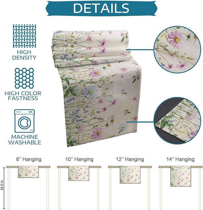 Vintage Wildflowers Cotton Linen Table Runner for Dining Kitchen, Wedding Outdoor Party Tablerunners Decoration, Farm Floral Pink Botanical Plants Dresser Scarf Coffee Tablecloth Runners 13x120 Inches