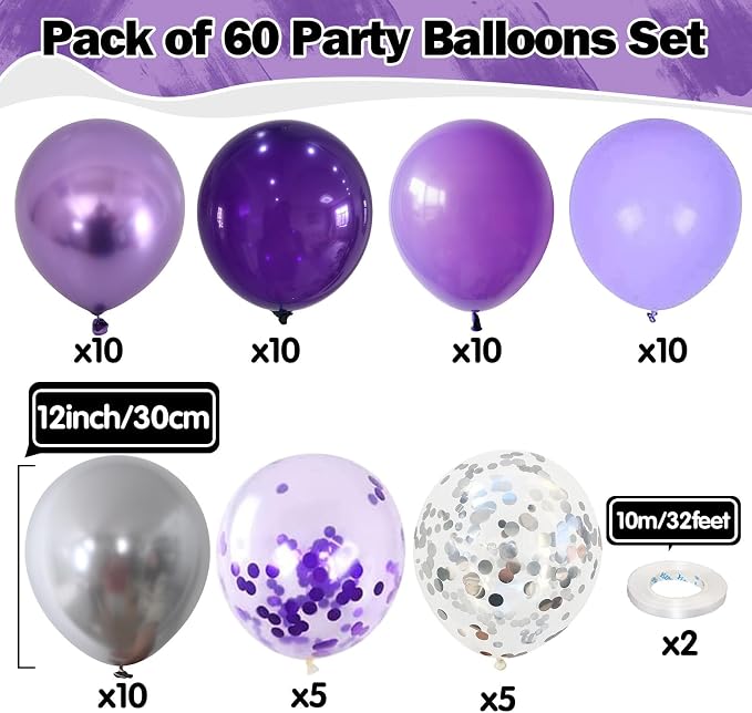 Purple Balloons Set 60 Pcs Dark Purple and Silver Balloons 12 Inch Royal Purple - Image 2