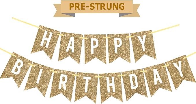 Netnology Pre-Strung Gold Glitter Happy Birthday Banner Decorations | 12 ft No by Netnology
