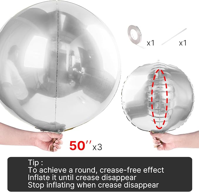 PartyWoo Metallic Silver Large Round Giant Foil 4D Balloons 3pcs 50 Inch | 50 - Image 4