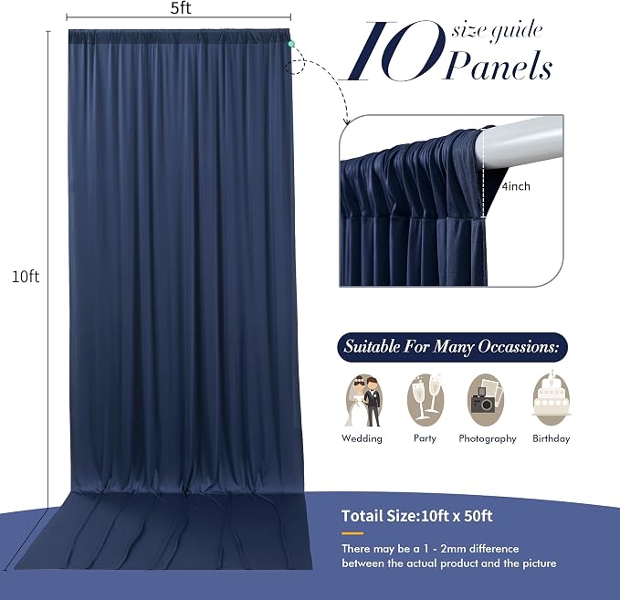 50 ft x 10 ft Wrinkle Free Navy Blue Backdrop Curtain - Image 5