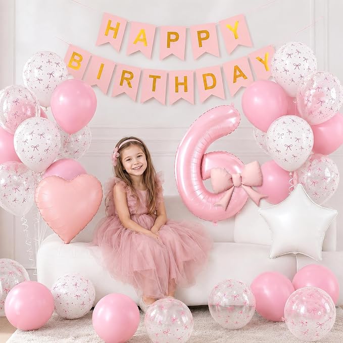 6th Pink Bow Birthday Decorations, 6th Birthday Balloon | Pink White Pastel Bow - Image 3