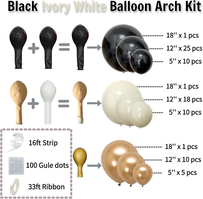 Black White and Gold Balloon Arch Kit – Double Stuffed Balloons in Black - Image 3