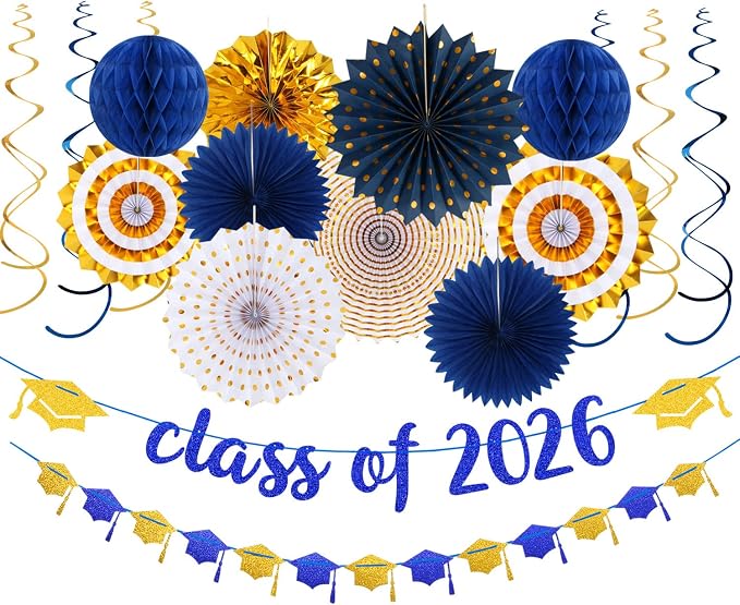 Navy-Blue Gold Party-Decorations Graduation Banner-Streamers by Panduola