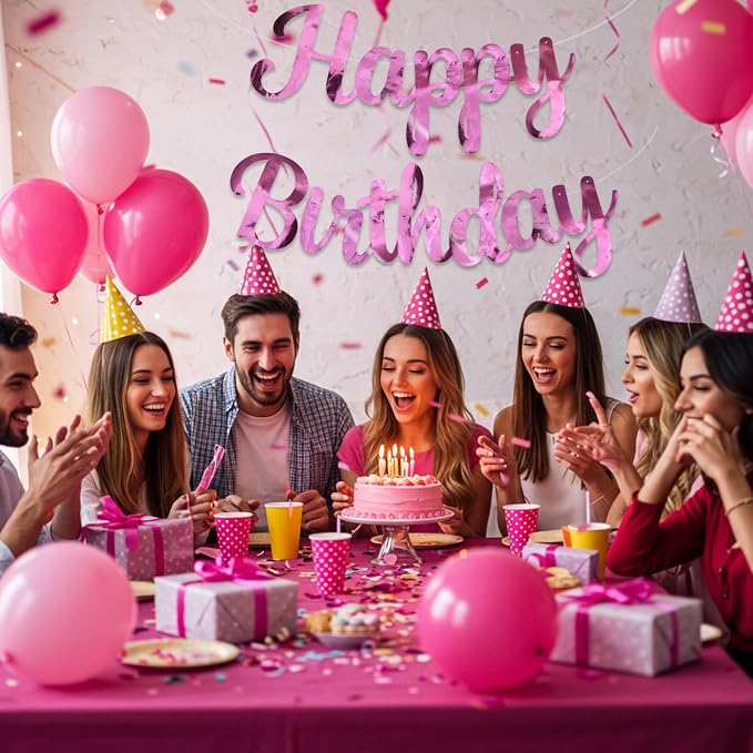 BEISHIDA Double-sided Pink Happy Birthday Banner Party Decoration NO DIY | - Image 4