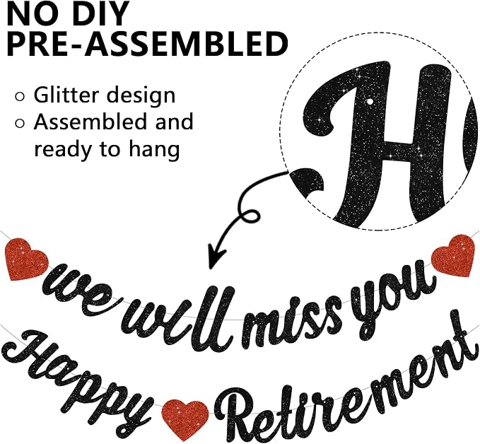 Glitter Black Happy Retirement We Will Missed You Banner Pre-Strung Retirement - Image 2