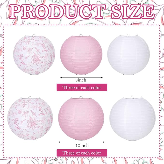 Riakrum 18 Pcs Floral Paper Lantern Set 10" 8" Pink and White Flower Chinese - Image 2