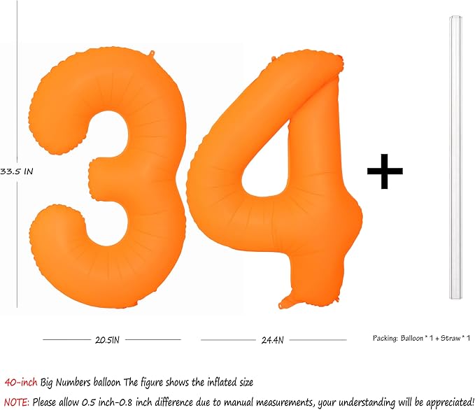 Orange Birthday Number 34 Balloon 40IN Fluorescent Orange 43 Balloon | - Image 2