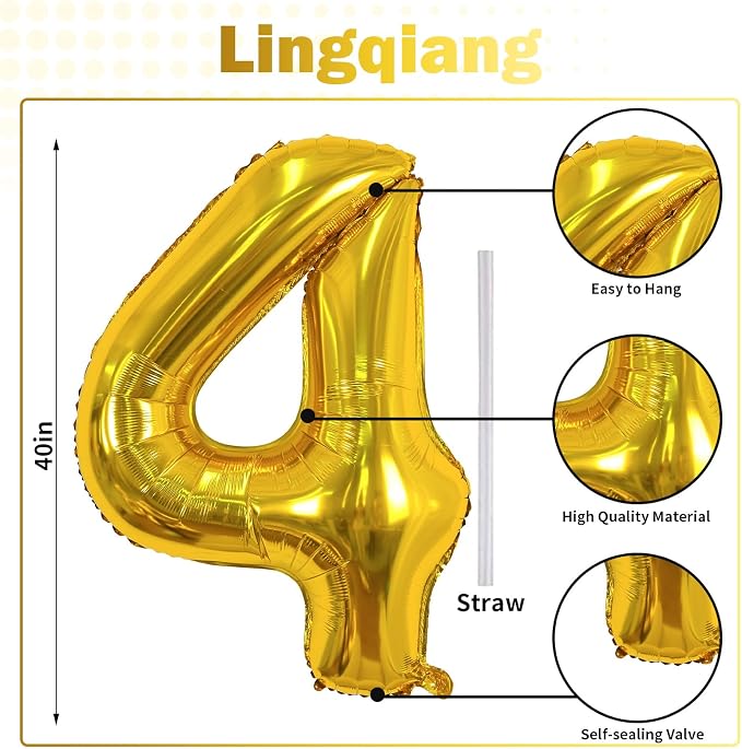 Gold Number 40 Birthday Balloons, 40 Inch Large Gold Mylar Foil Number 4 and 0 - Image 2
