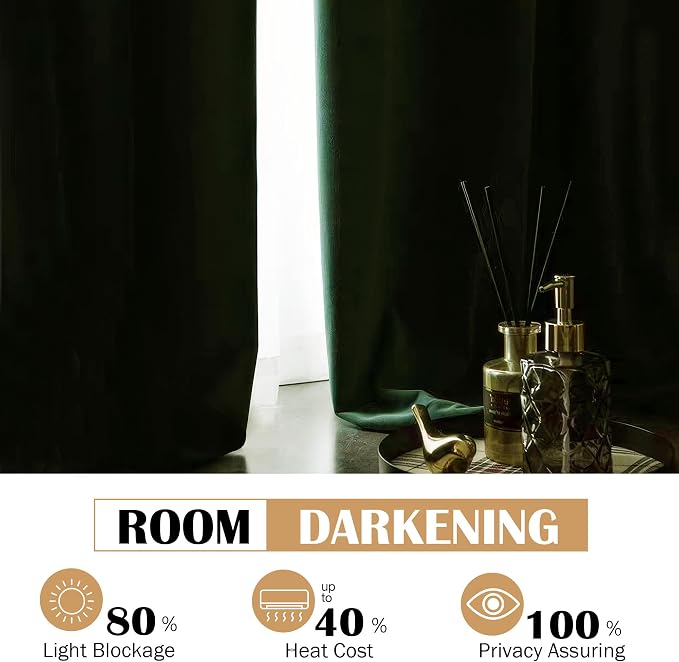 Beauoop Velvet Curtains for Bedroom Living Room Dark Green 52x96 2 Panels | - Image 4
