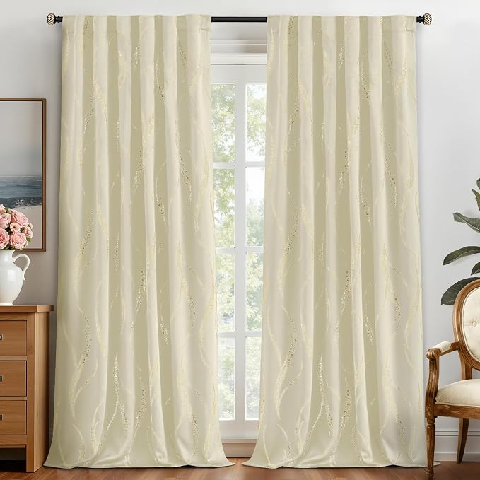 Yakamok Cream Light Blocking Curtains 96 Inches Long Gold Print Wide 52" | Gold by Yakamok