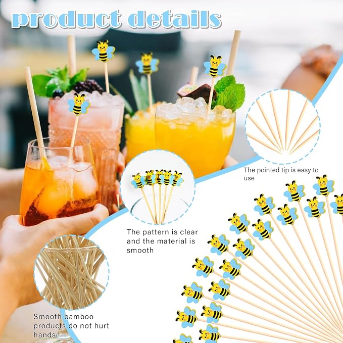 100Pcs Bee Cocktail Picks Cute Honeybee Theme Baby Shower Springtime Decor Long - Image 2