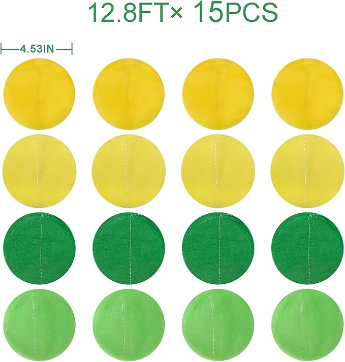 205Ft Yellow Green Party Decorations Ombre Green Yellow Circle Dot Backdrop Garland Tissue Paper Polka Dots Hanging Streamer for Spring Summer Birthday Engagement Wedding Bridal Shower Party Supplies