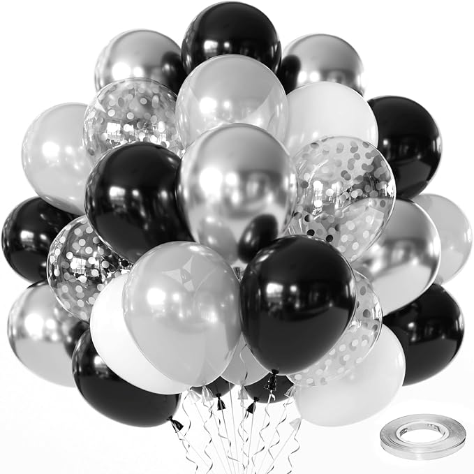 Zesliwy Black Silver White Balloons Set, Party Decor | Metallic Silver by Zesliwy
