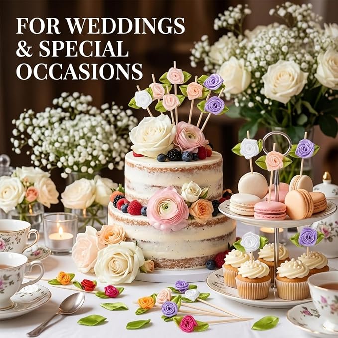 100PCS 4.7" Flower Cocktail Picks, Ribbon Rose Toothpicks Appetizer Skewers | - Image 5
