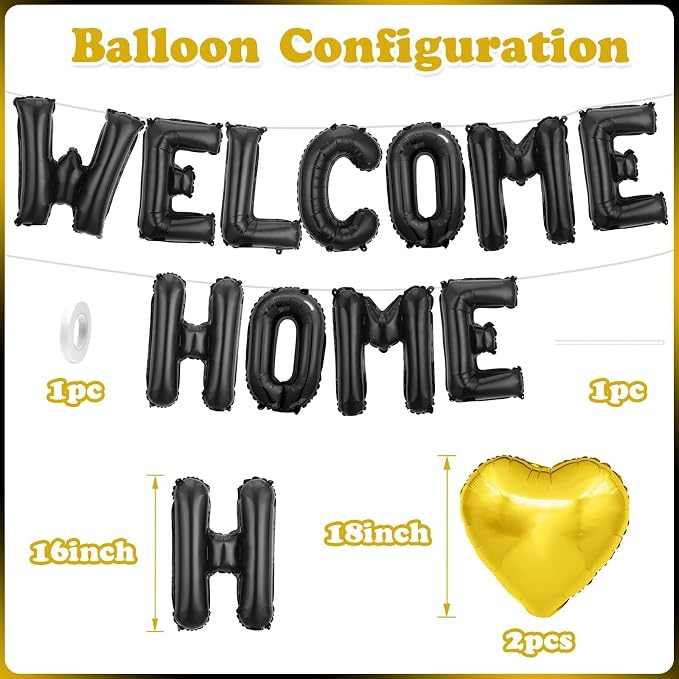 Welcome Home Balloons Black Gold, 16Inch Welcome Home Foil Balloons Banner - Image 2