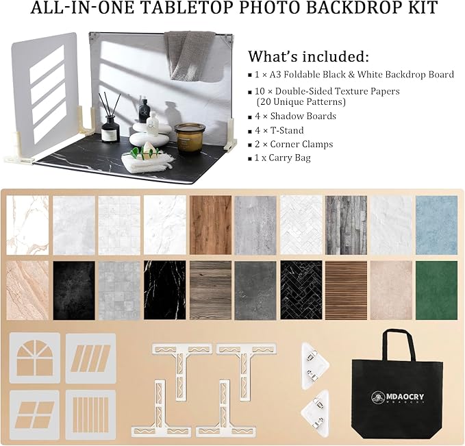 16 x 11.5 in Photo Backdrop Kit, 10 Sheets, 20 Patterns, 4 Shadow Boards | - Image 2