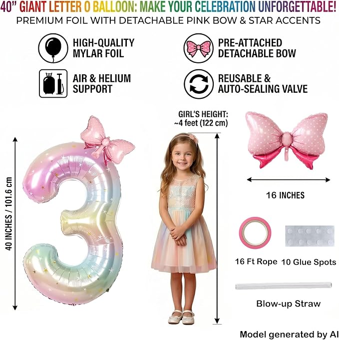 40" Giant Pastel Rainbow Number 13 Balloon Foil Pink Bow Decor Kit | - Image 2