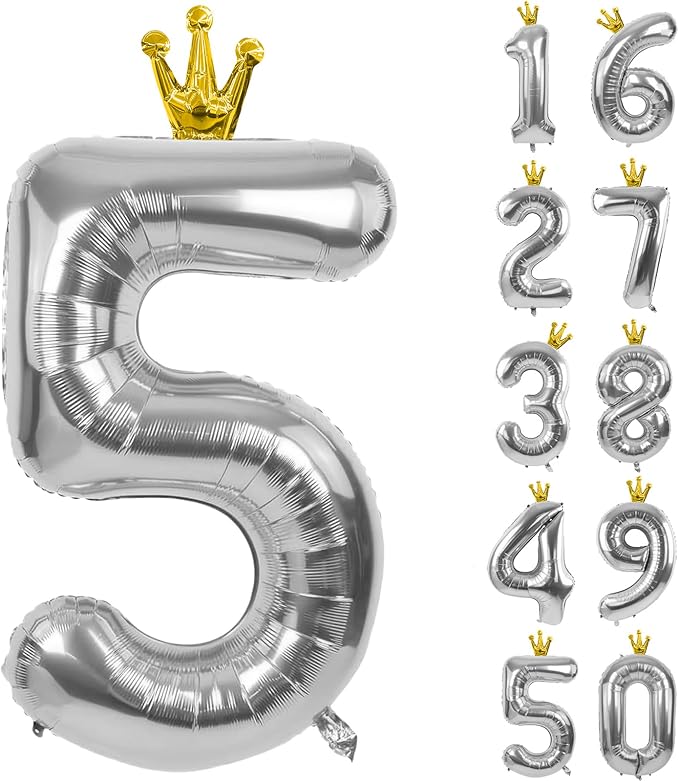Silver Number 5 Balloon with Crown, 40 inch Silver Number Balloon 5th Birthday by Yeodong