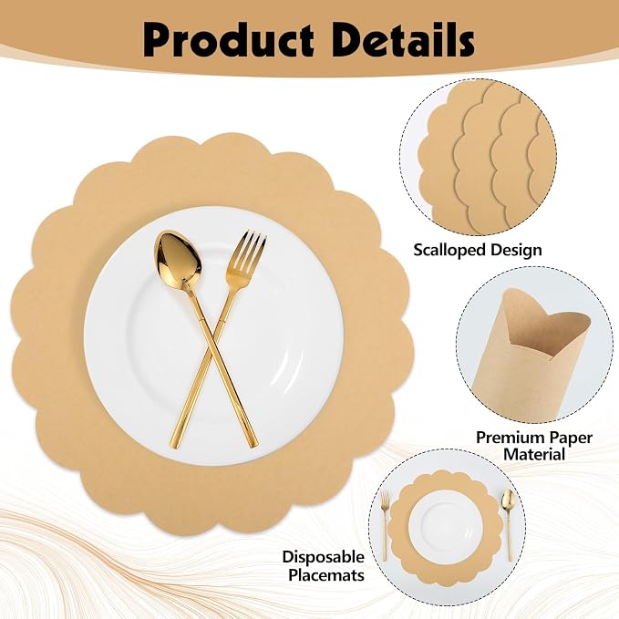 60 Pcs Kraft Paper Placemats, 13.5 Inch Disposable Scalloped Table Mats | Thick - Image 4
