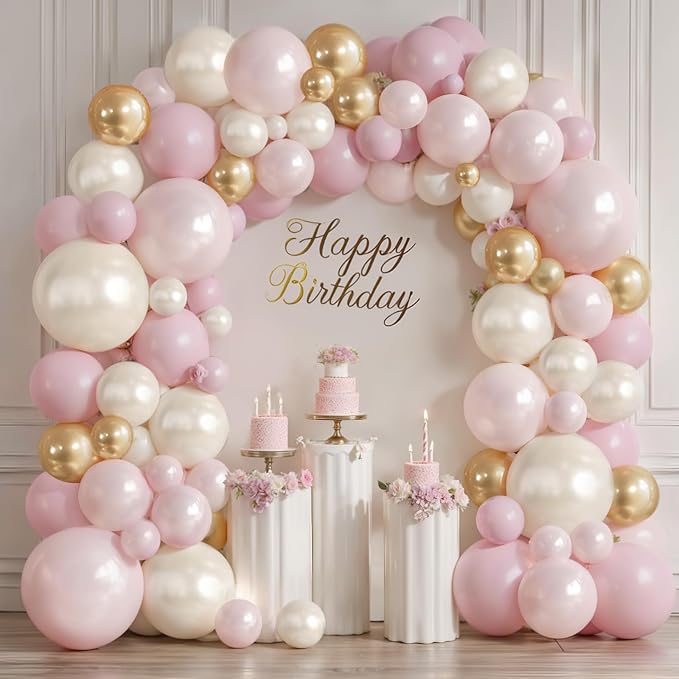 Double Stuffed Pearl Pink White Gold Balloon Arch Kit 119 Pcs | Sweet 16 by Vanjehou
