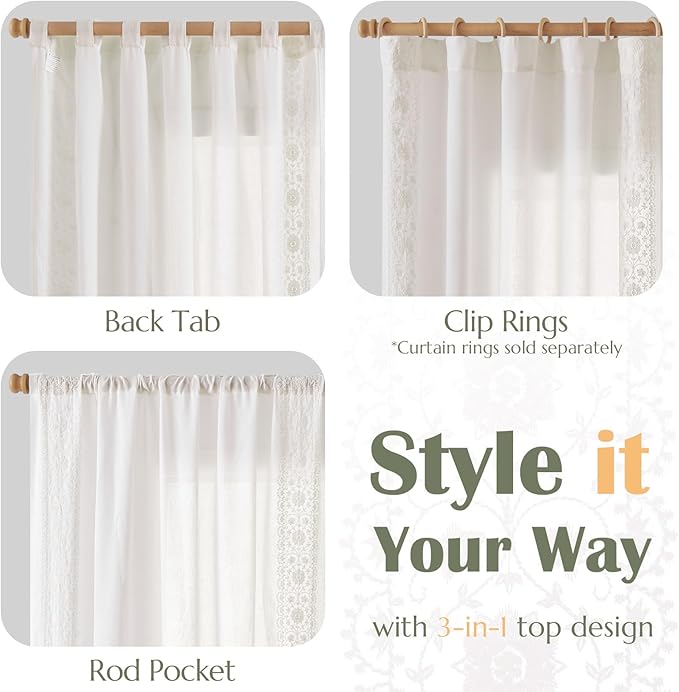 jinchan Floral Linen Curtains Embroidered Back Tab 50x90in 2 Panels White | - Image 7