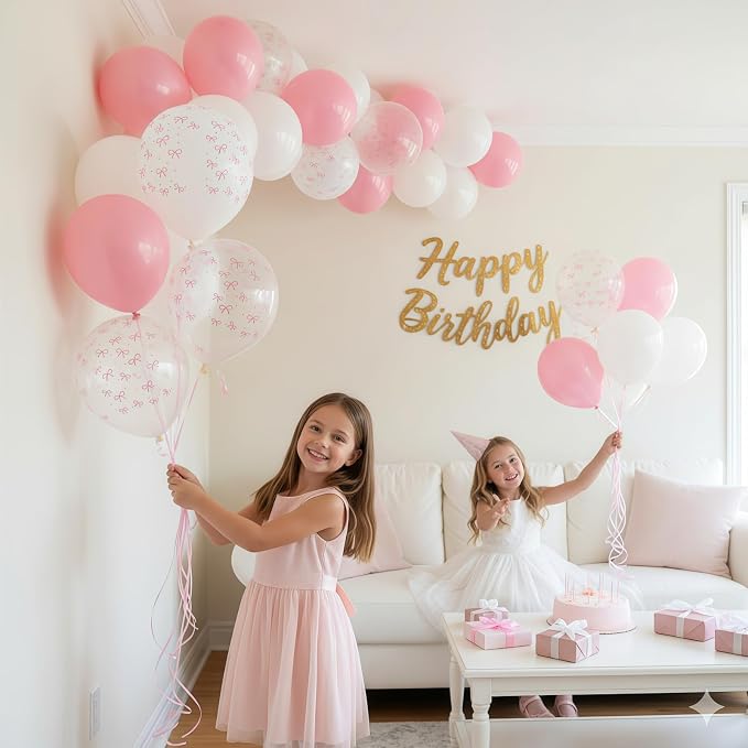 HILAVO Pink Bow Balloons, 12 Inch Pastel Light Pink Transparent White Bow Print - Image 3