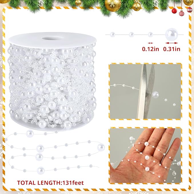 JULBEAR Beads Garland Decoration,1Rolls 131Feet White Christmas Pearl Strands Chain Bead Garland for Christmas Tree Fireplace Wreath Gift Bouquet Crafts Wrapping Wedding Party Centerpieces Decoration