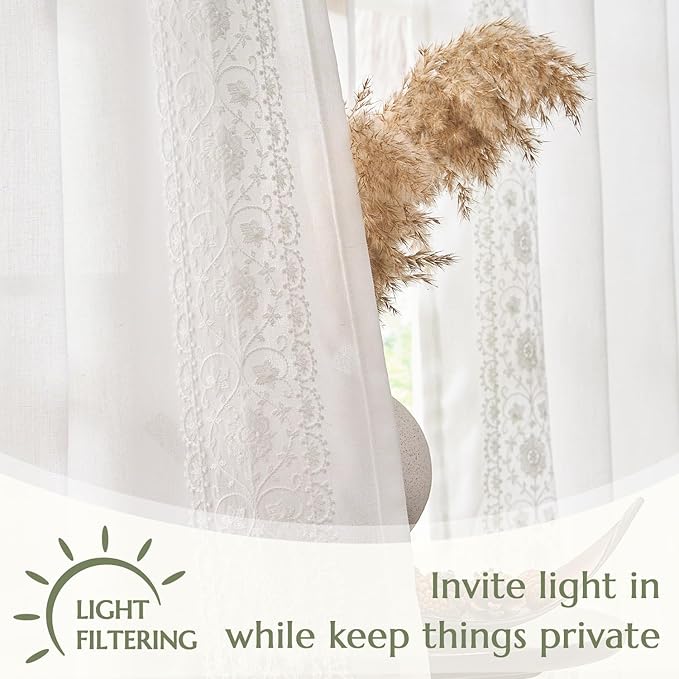 jinchan Floral Linen Curtains Embroidered Back Tab 50x90in 2 Panels White | - Image 6