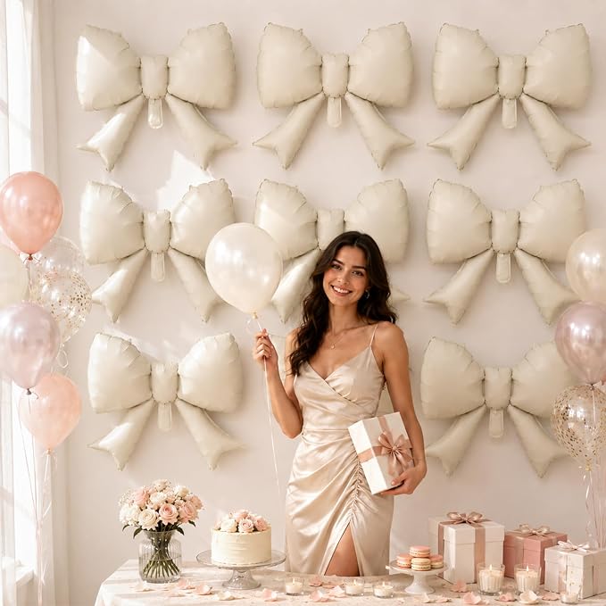 8Pcs White Bow Foil Balloons, 21Inch Cream White Bow Shaped Balloons - Image 5