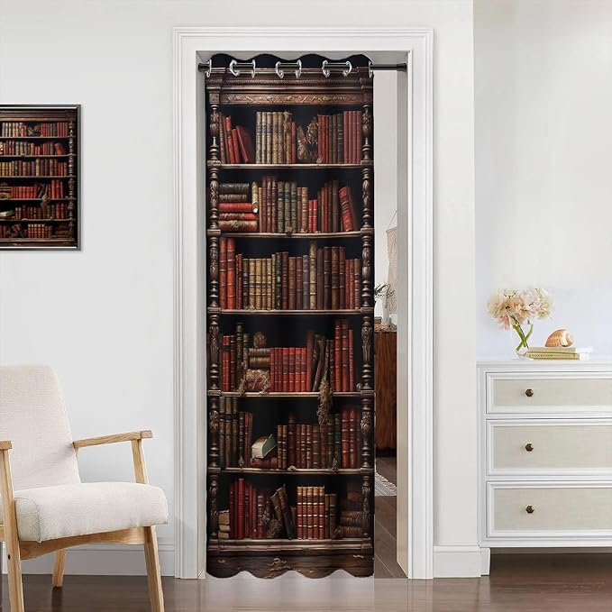 Library Bookshelf Door Curtain, Vintage Educational Bookcase Room Darkening - Image 2