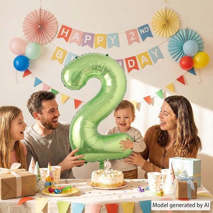 Light Green Number 2 Balloon 40 Inch, Shiny Metallic Foil Party Supplies | - Image 7