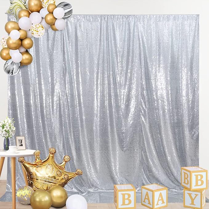 SquarePie Sequin Backdrop Curtain Not See Through Thick Background for Party 4FT x 8FT Silver
