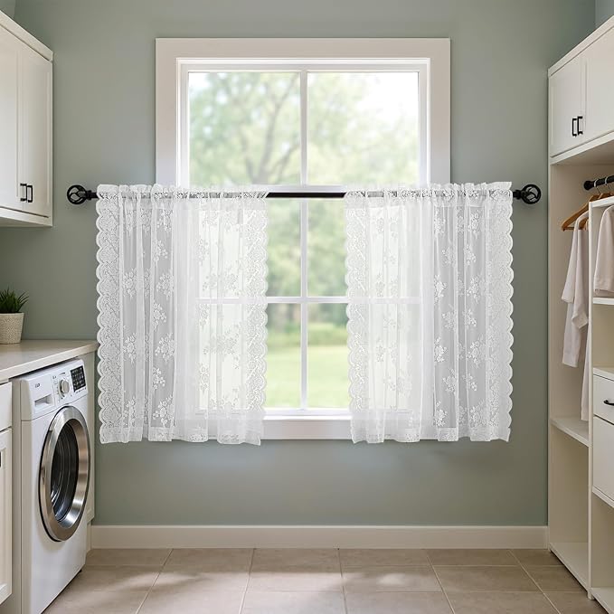Kotile White Lace Curtains for Kitchen Windows W42 x L36 Inch, 2 Panels | Rod - Image 5