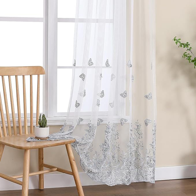 White Sheer Voile Curtains Blue Embossed Butterflies 54Wx96L Inch | Light by VISIONTEX