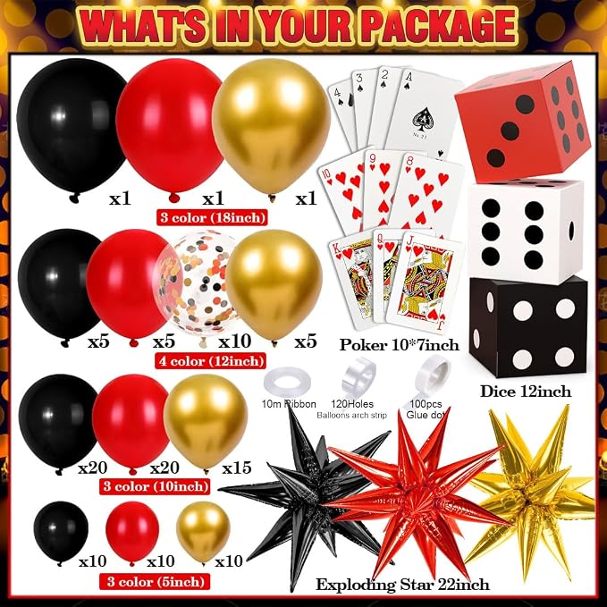 132Pcs Casino Theme Party Decorations, Dice Boxes Large Poker Cards Black Red - Image 2