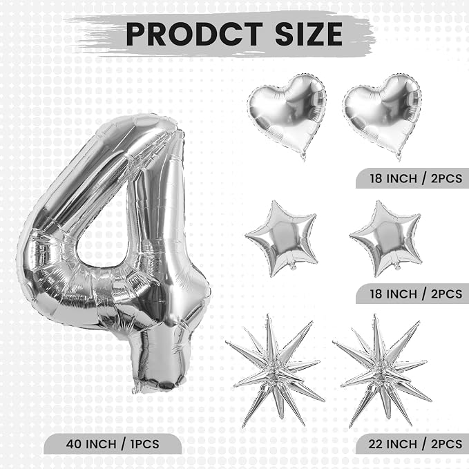 TONIFUL 4th Birthday Balloons Kit 40Inch Silver Large Number 4 Foil Balloon | - Image 2