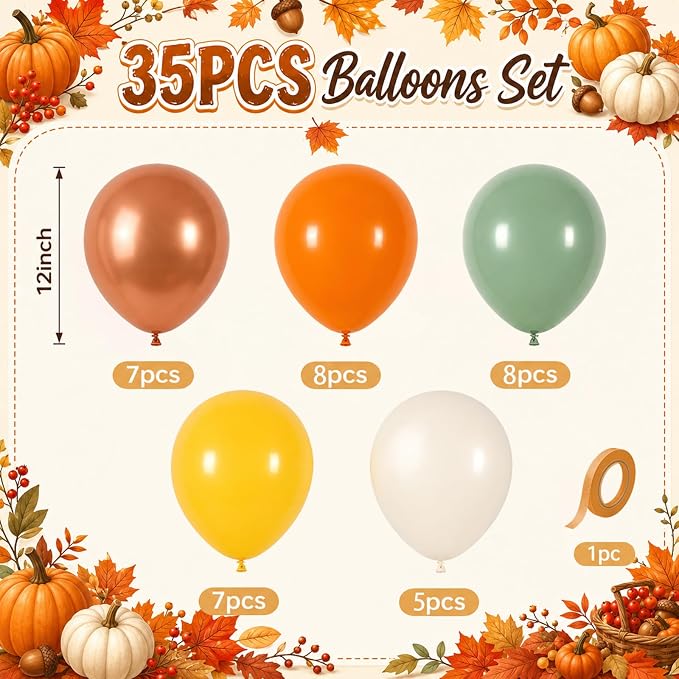 Fall Balloons, 12 Inch Sage Green Burnt Orange Mustard Yellow Beige Balloon | - Image 2