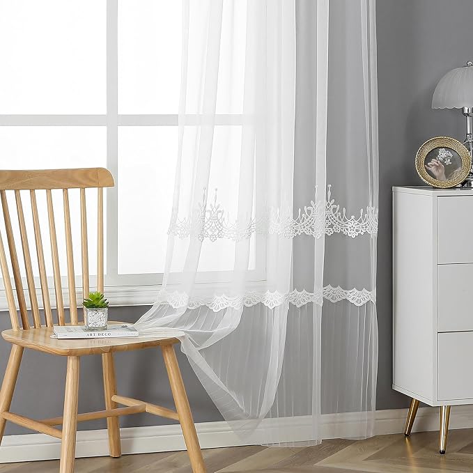 White Sheer Voile Curtains White Embossed European 54Wx72L Inch | Light by VISIONTEX