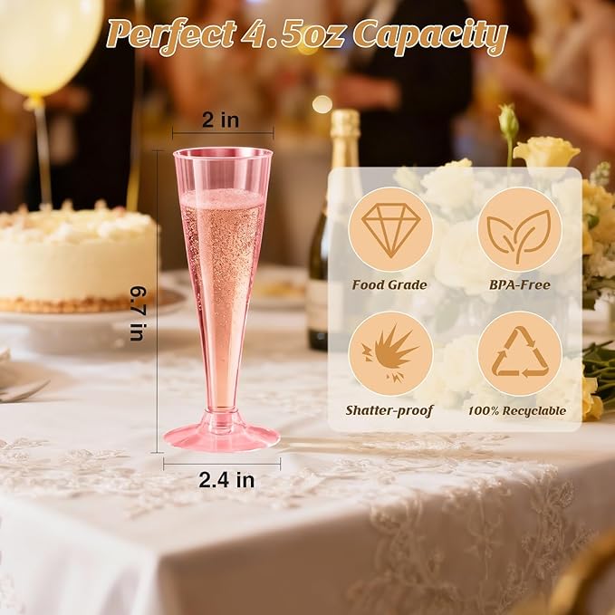 40 Pack Pink Champagne Flutes Plastic Wine Glasses Disposable, 4.5 Oz Clear Mimosa Glasses for 2025 Engagement Wedding Birthday New Years Eve Xmas Party Supplies, Bulk Toasting Cocktail Cups