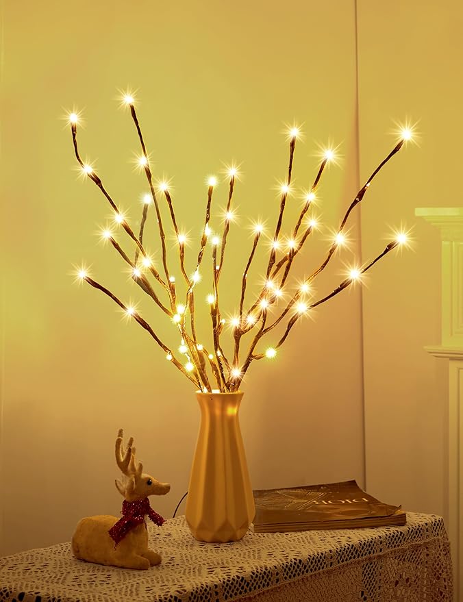 Lighted Branches for Vases Plug in - 3 Pack 24Inch 60 LED Christmas DIY Twig Pathway Lights, Artificial Tree Bendable Xmas Fairy Lights with Stakes for Outdoor Indoor Party Decoration, Warm White