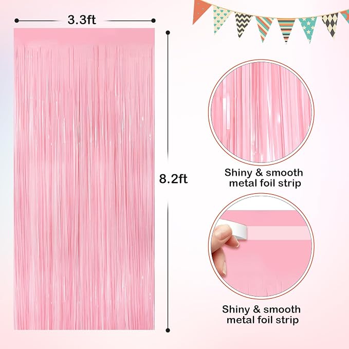 Pastel Pink Metallic Tinsel Foil Fringe Curtains, 2 Pack 3.3x8.3 Feet Tinsel - Image 2