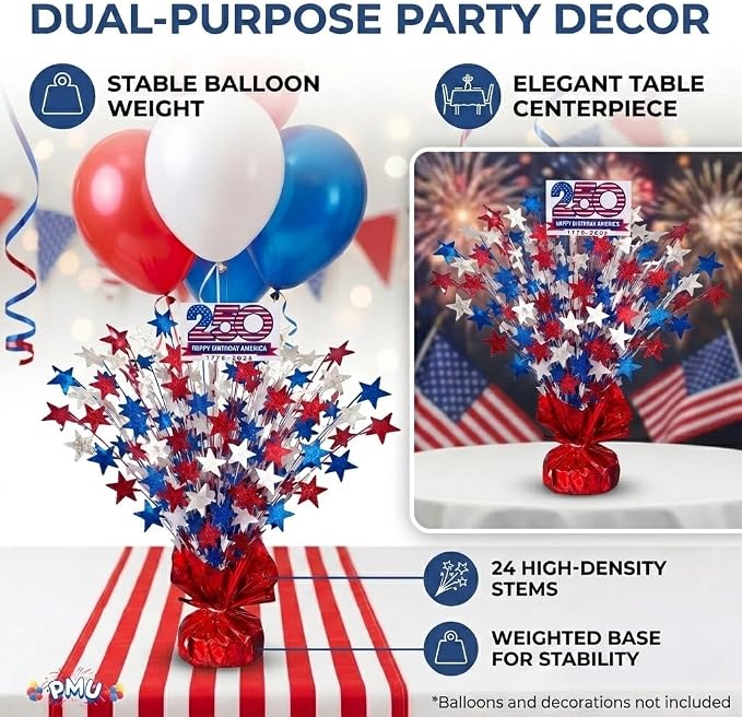 PMU 3 Pcs Pcs 250th Anniversary Patriotic Star Metallic Foil Spray Centerpiece - Image 2