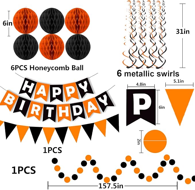 Fecedy Black Orange Happy Birthday Banner Paper Triangle Flag Bunting Circle - Image 2