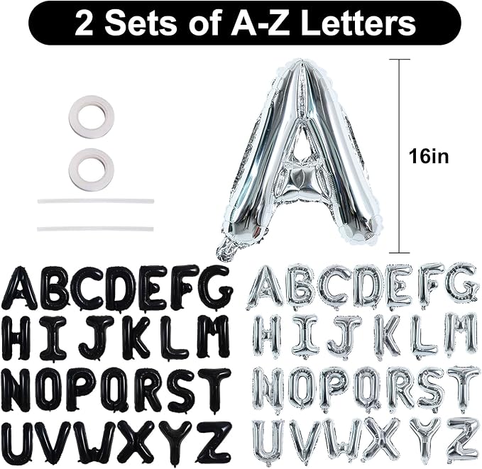 TONIFUL Black and Silver Letter Balloons 52 Pcs 2 Sets A-Z Alphabet Banner Kit - Image 2