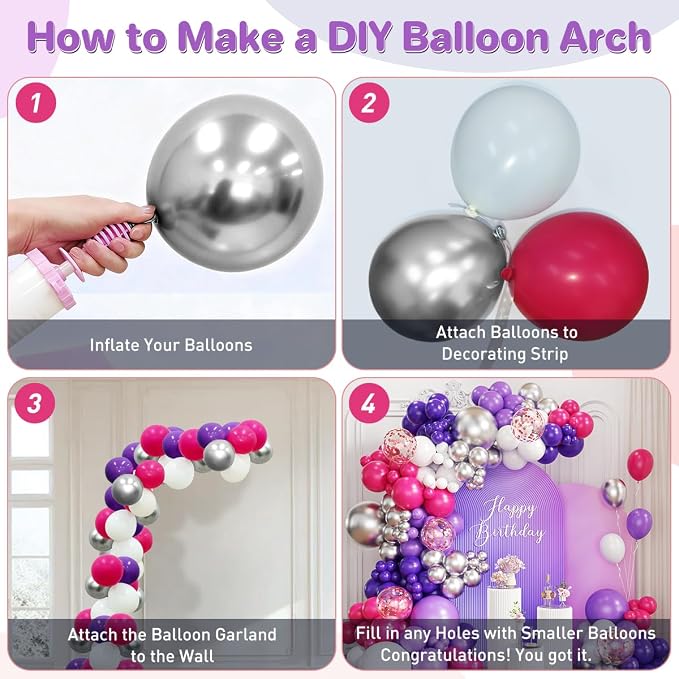 Hot Pink Purple White Silver Balloon Garland Arch Kit - Image 3