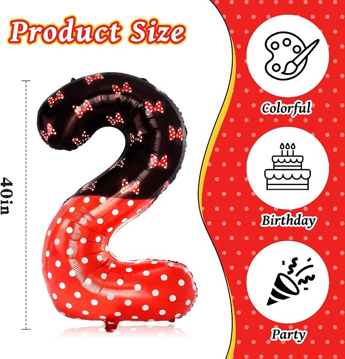40 Inch Red Cartoon Mouse Number 2 Balloon, Birthday Party Decorations | Black - Image 3