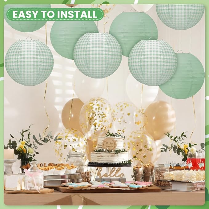 Honoson 12 Pcs Green Gingham Paper Lanterns Decoration10 Inch White and Sage - Image 3