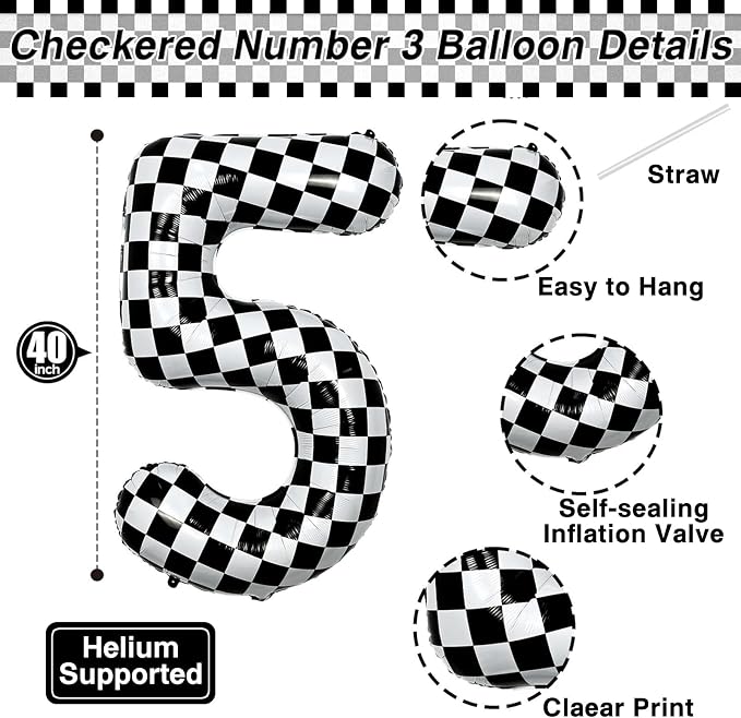 40 Inch Checkered Number 15 Balloon, Foil Helium Birthday Decoration | 40" - Image 3