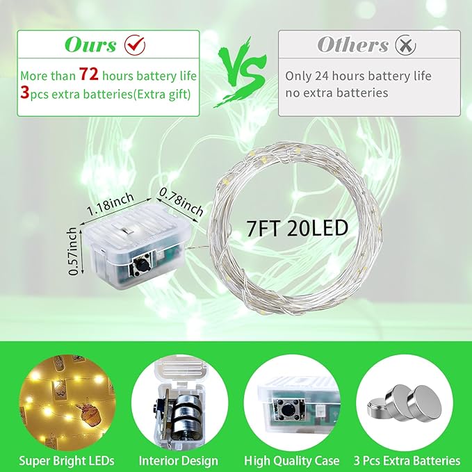 50 Pack Green Fairy Lights 7Ft 20 LED Twinkle String Lights 3 Modes Battery Operated Waterproof Firefly Starry for Mason Jar Party Wedding Christmas Valentines Day Table Centerpieces